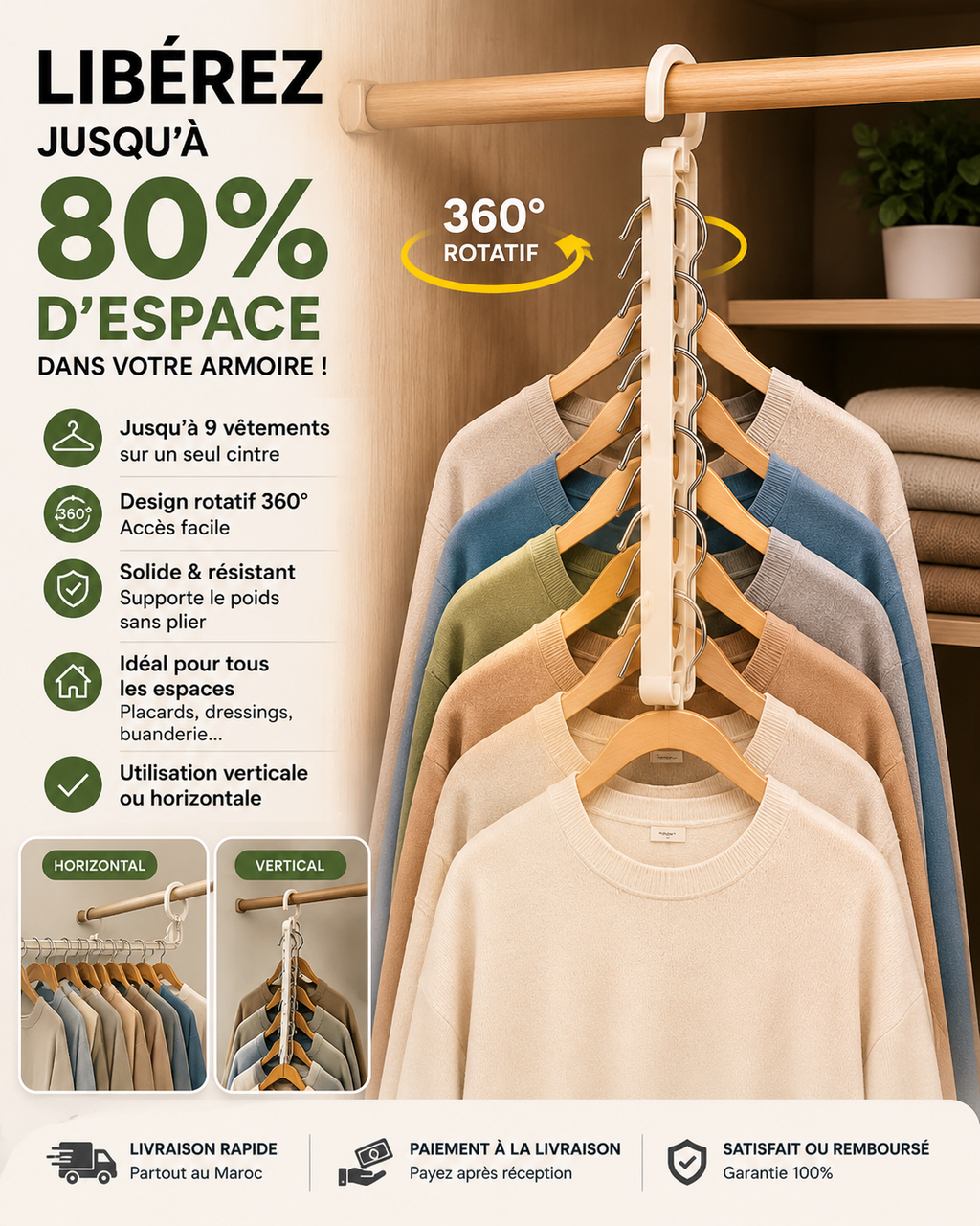 Cintre Gain de Place 360° – Organisez & Libérez Jusqu’à 80% d’Espace Pack de 5 à 179 dhs