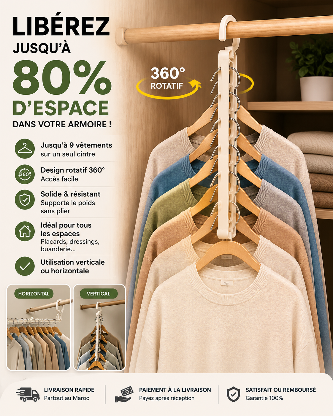 Cintre Gain de Place 360° – Organisez & Libérez Jusqu’à 80% d’Espace Pack de 5 à 179 dhs