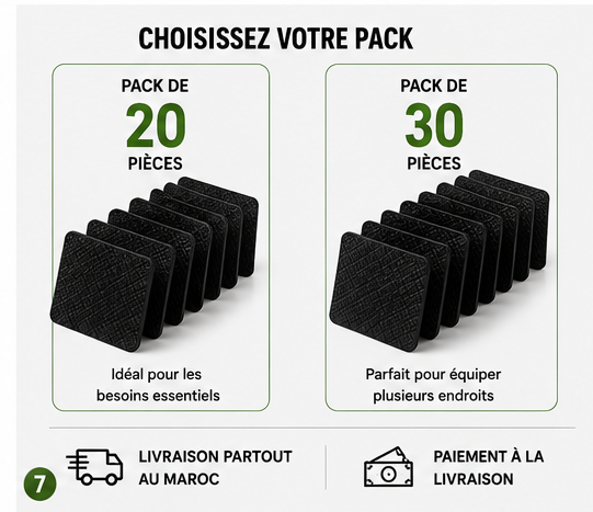 Fix’Tout™ – Pads Adhésifs Antidérapants & Réutilisables PACK de 20 à 199 dhs