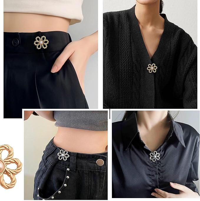 Bouton fleur à perle utilisé sur un pantalon noir, un cardigan noir, un jean et une chemise satinée