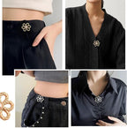 Bouton fleur à perle utilisé sur un pantalon noir, un cardigan noir, un jean et une chemise satinée
