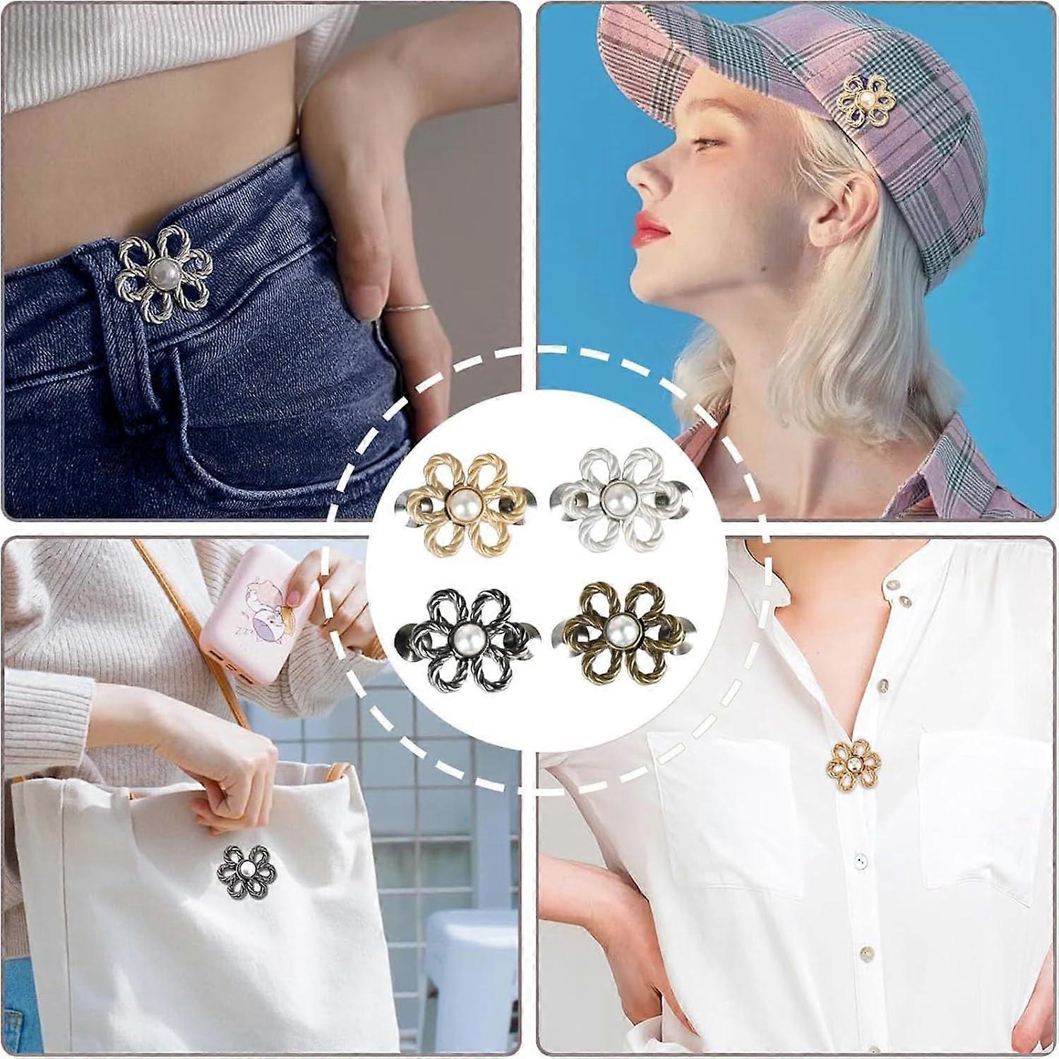 Les quatre coloris du bouton fleur à perle et exemples d’utilisation sur jean, casquette, sac en toile et chemise