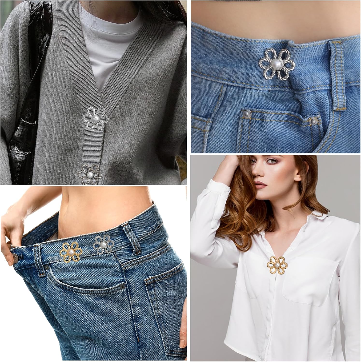 Le bouton fleur à perle porté sur un cardigan gris, sur la ceinture d'un jean devenu trop large et sur une chemise blanche