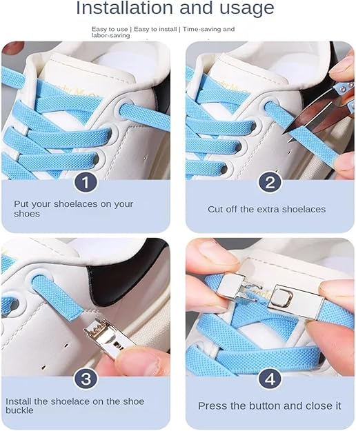 Les quatre étapes de pose : lacer la chaussure, couper la longueur en trop, insérer la boucle, appuyer sur le bouton pour verrouiller